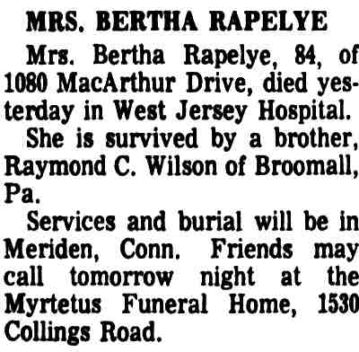 Mrs. Bertha Rapelye obituary, January 14, 1966