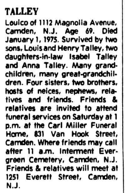 Louico Talley obituary — Camden Courier-Post, January 3, 1975