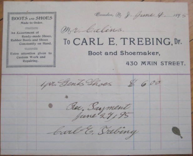Carl E. Trebing Sr. receipt, 430 Main Street, 1895