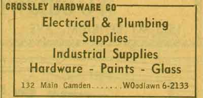 132 Main Street, Crossley Hardware Company, 1955 New Jersey Bell Telephone Yellow Pages ad