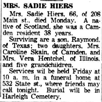 Obituary for Mrs. Sadie Hiers, 208 Main Street, Camden Courier-Post, February 8, 1959