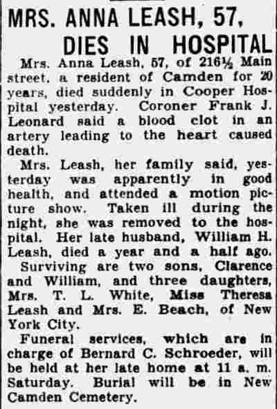 Obituary for Mrs. Anna Leash, 216½ Main Street, Camden Courier-Post, April 23, 1937