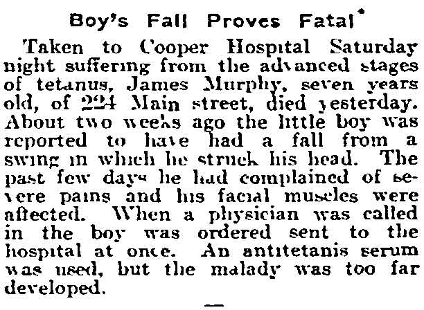 Article: Boy's Fall Proves Fatal — James Murphy, 224 Main Street, Philadelphia Inquirer, April 30, 1917