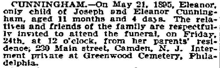 Funeral notice for Eleanor Cunningham, 230 Main Street, Philadelphia Inquirer, May 24, 1895