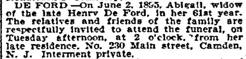 Funeral notice for Abigail De Ford, 230 Main Street, Philadelphia Inquirer, June 4, 1895