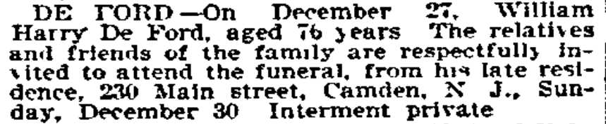 Funeral notice for William Harry De Ford, 230 Main Street, Philadelphia Inquirer, December 30, 1894