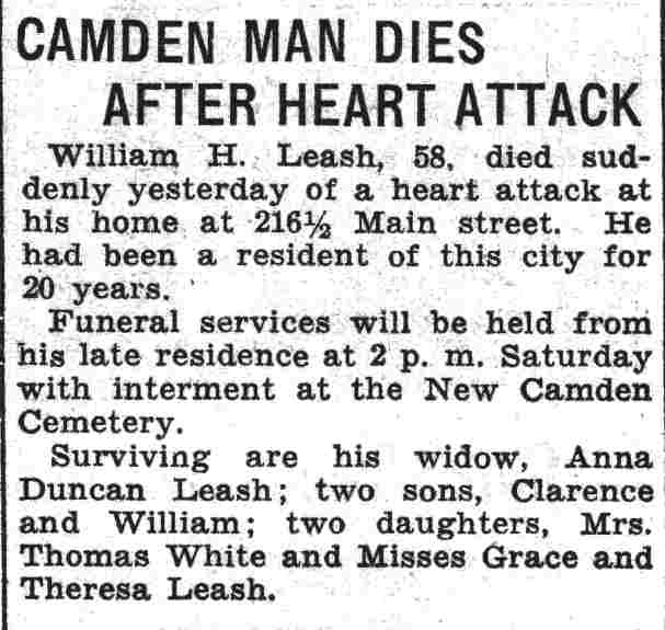 Obituary for William H. Leash, 216½ Main Street, Camden Courier-Post, August 29, 1935