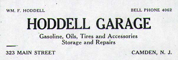 Hoddell Garage — Gasoline, Oils, Tires and Accessories, Storage and Repairs — 323 Main Street, Camden NJ — 1923-1924 Camden City Directory advertisement
