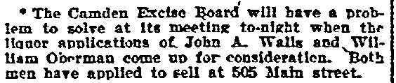 Philadelphia Inquirer, February 15, 1905: Liquor applications of John A. Walls and William Oberman at 505 Main Street
