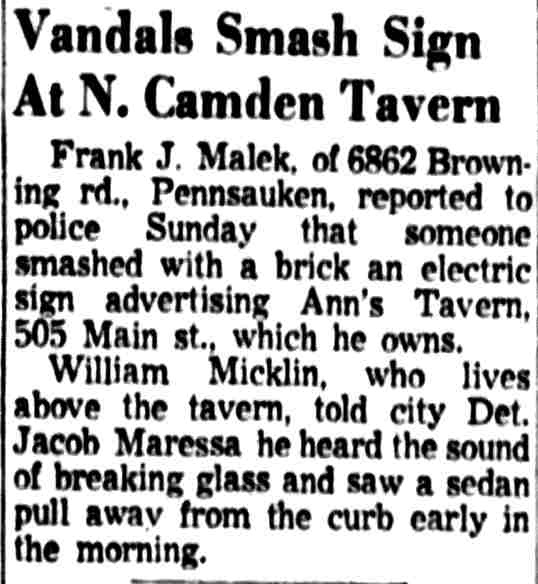 Vandals Smash Sign at N. Camden Tavern — Ann's Tavern, 505 Main Street, Camden Courier-Post, August 19, 1957