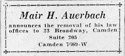 Mair H. Auerbach law office announcement, Camden Courier-Post, October 23, 1931