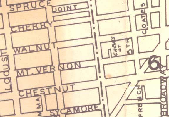 1946 map of Camden between Locust Street and Broadway, Spruce and Sycamore Streets, showing Joint Alley
