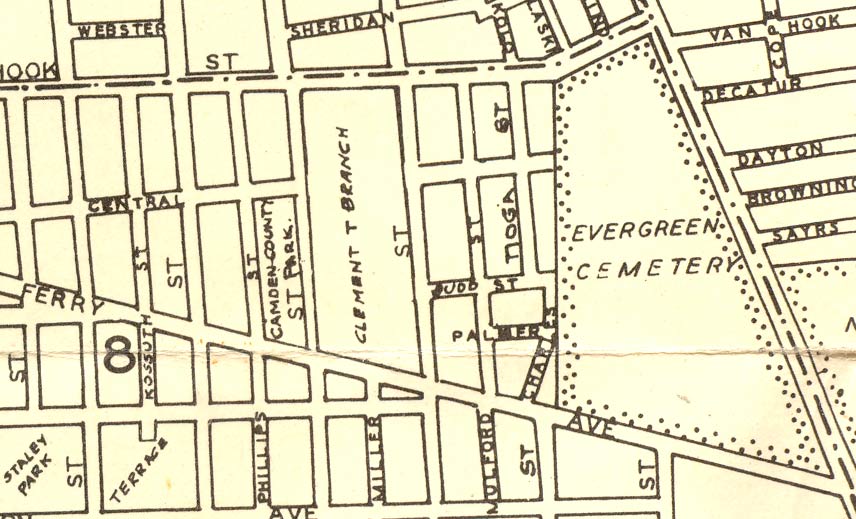 1946 map showing Budd Street running east to the western edge of Evergreen Cemetery