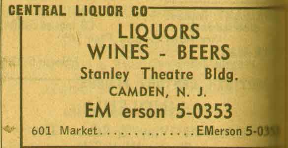 601 Market Street, Central Liquor Company, NJ Bell Yellow Pages ad, 1955