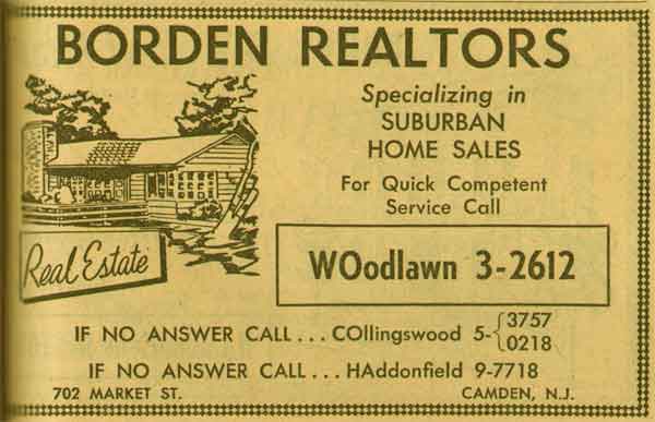 702 Market Street, Borden Realtors, NJ Bell Yellow Pages ad, 1955
