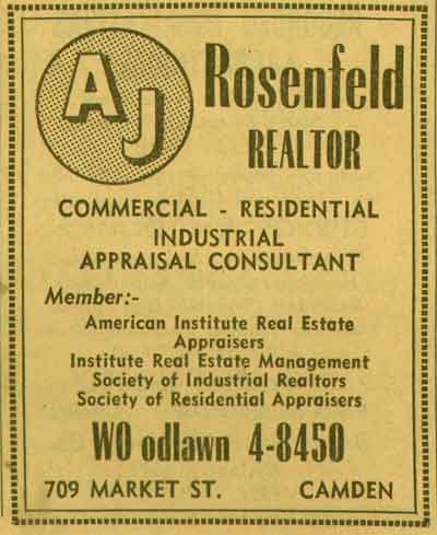 709 Market Street, A.J. Rosenfeld realtor, NJ Bell Yellow Pages ad, 1955
