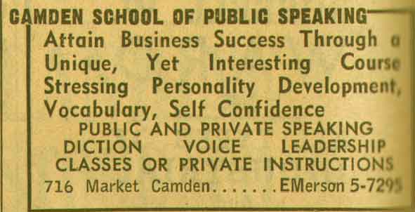 716 Market Street, Camden School of Public Speaking, NJ Bell Yellow Pages ad, 1955