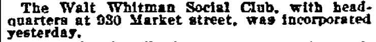 930 Market Street, Walt Whitman Social Club, Philadelphia Inquirer, December 6, 1899
