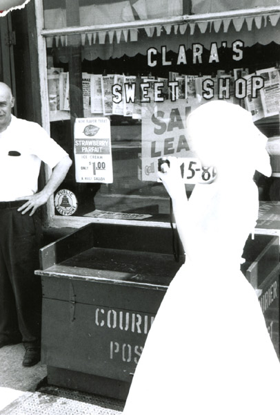 931 Market Street, Emidio Martelli outside Clara's Sweet Shop, 1950s
