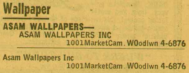 1001 Market Street, Asam Brothers Inc., NJ Bell Yellow Pages ad, 1955