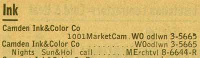 1001 Market Street, Camden Ink & Color Company, NJ Bell Yellow Pages ad, 1955