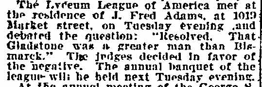 1019 Market Street, J. Fred Adams, Lyceum League of America, Philadelphia Inquirer, January 22, 1899
