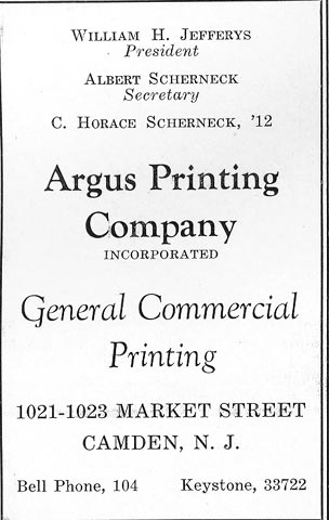 1021-1023 Market Street, Argus Printing Company, Camden High School 1928 Purple & Gold yearbook ad