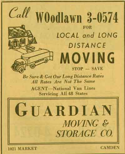 1021 Market Street, Guardian Moving & Storage, NJ Bell Yellow Pages ad, 1955