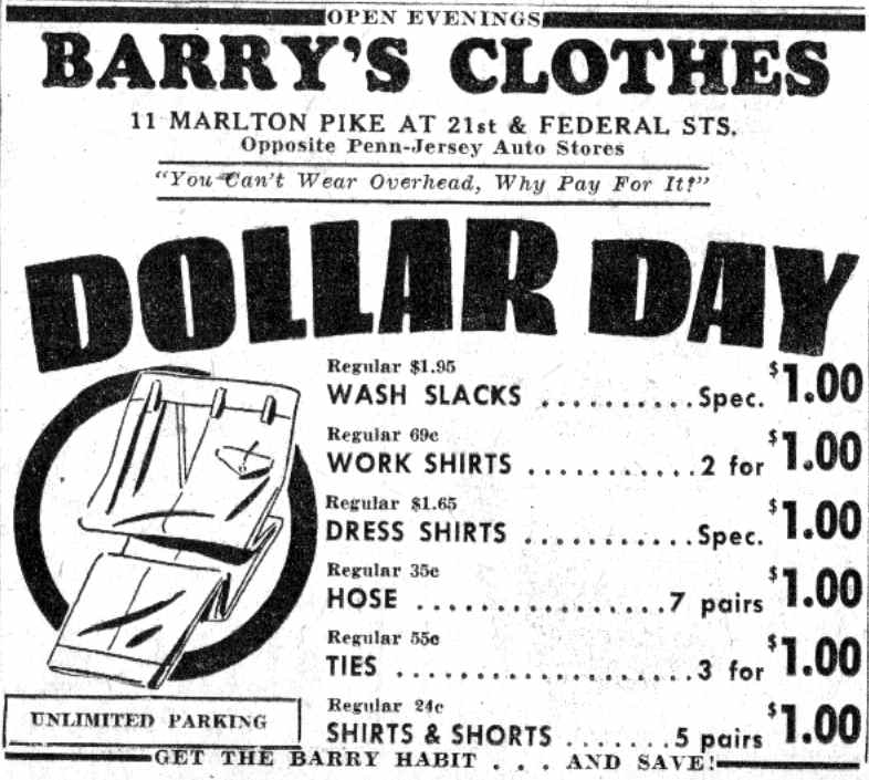 Barry's Clothes Dollar Day ad, 11 Marlton Pike, July 30, 1941