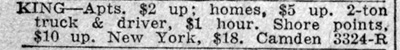 King classified ad, Camden Courier-Post, June 7, 1933