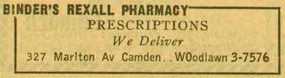 327 Marlton Avenue, Binder's Rexall Pharmacy, 1955 New Jersey Bell Yellow Pages