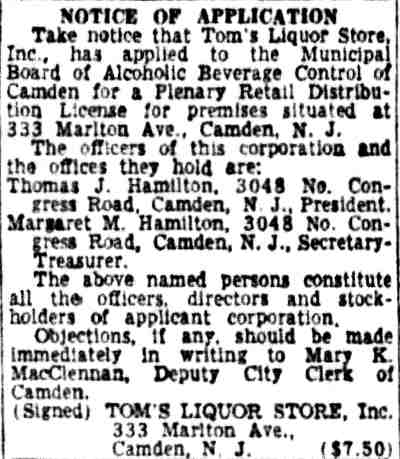 Tom's Liquor Store notice of application, Camden Courier-Post, June 12, 1954