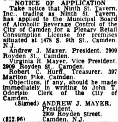 Ninth Street Tavern notice of application, Camden Courier-Post, July 18, 1962
