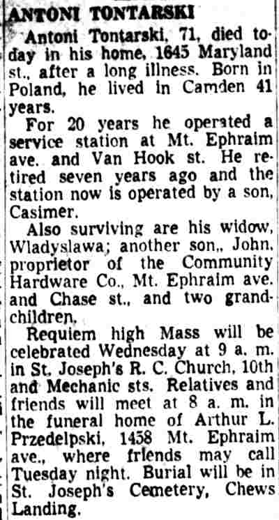 Antoni Tontarski obituary — Camden Courier-Post, April 3, 1953