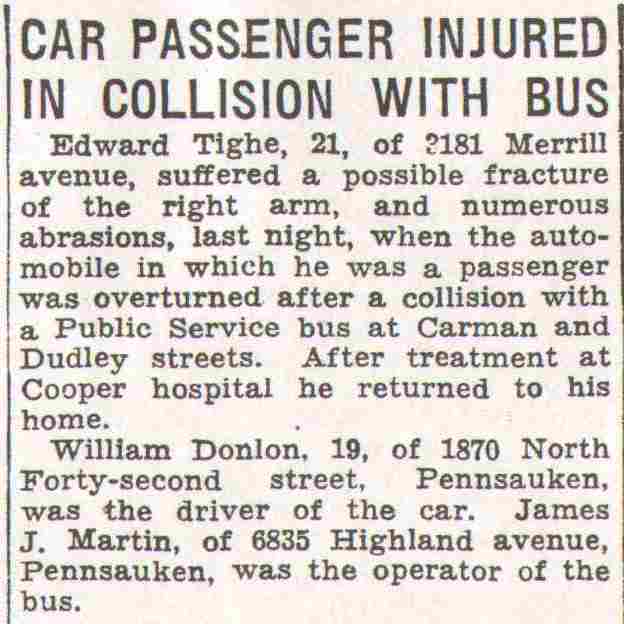 Camden Courier-Post, October 28, 1936 — Car passenger injured in collision with bus