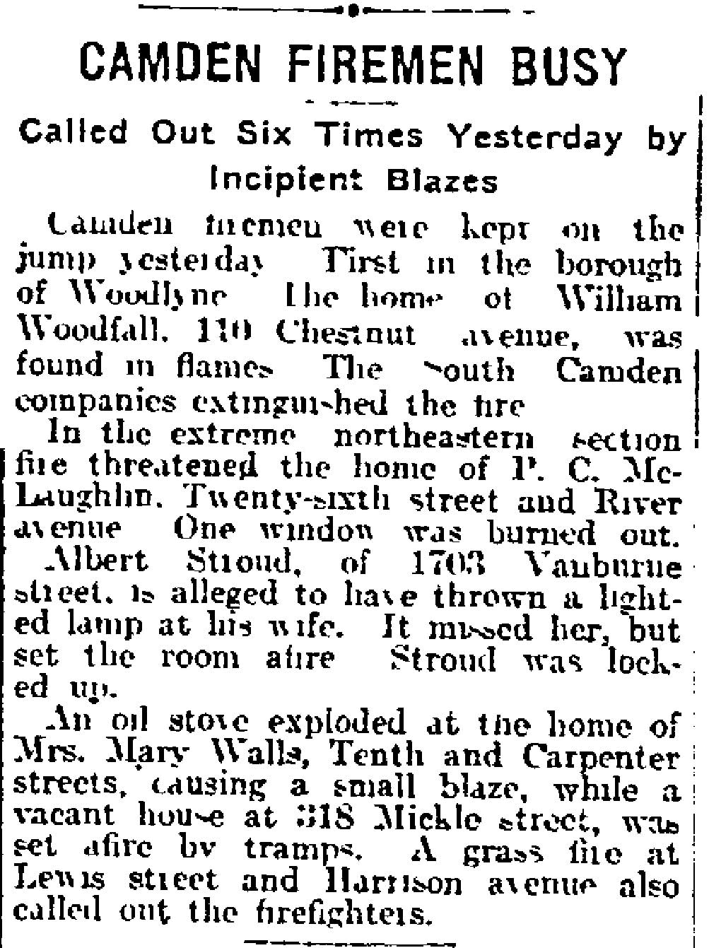 Camden Firemen Busy — Philadelphia Inquirer, March 20, 1916