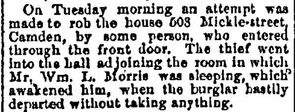 503 Mickle Street — William L. Morris 1870, Trenton Star-Gazette, July 23, 1870