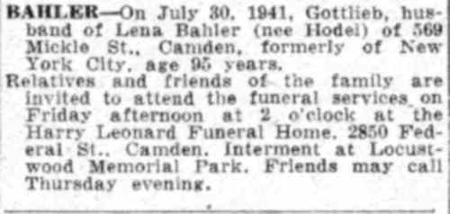569 Mickle Street — Gottlieb Bahler & Family, Camden Courier-Post, July 31, 1941
