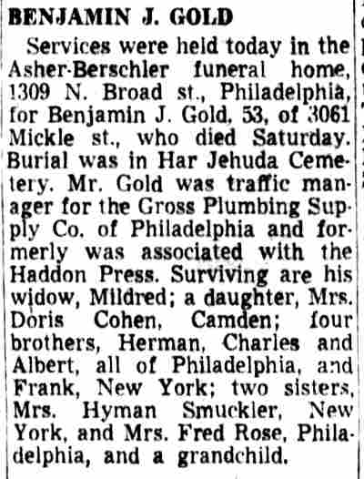 3062 Mickle Street — Benjamin Gold & Family, Camden Courier-Post, July 6, 1953