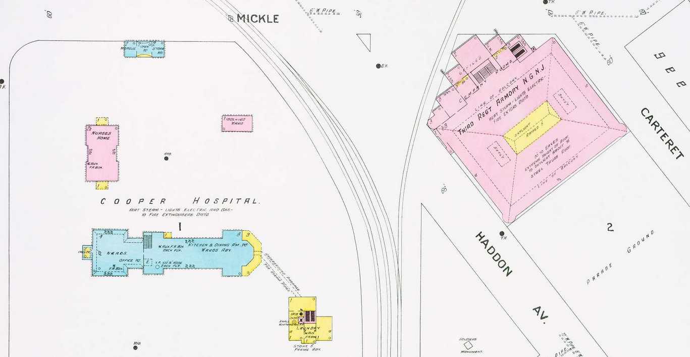 600 Block of Mickle Street, 1906 Sanborn Map — Cooper Hospital Morgue, Nurses Home, Hospital, Laundry, Third Regiment National Guard Armory