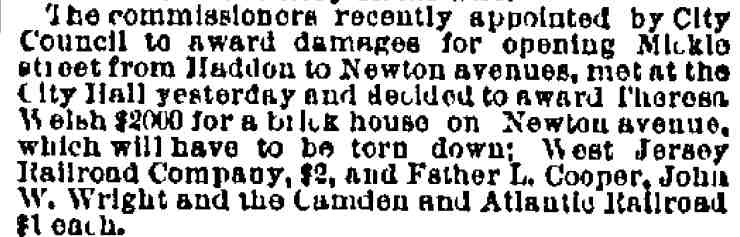 700 Block of Mickle Street — Michael Welsh & Family, Philadelphia Inquirer, July 1, 1886