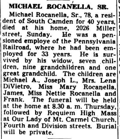 Michael Rocanella, Sr. obituary — Camden Courier-Post, September 12, 1939