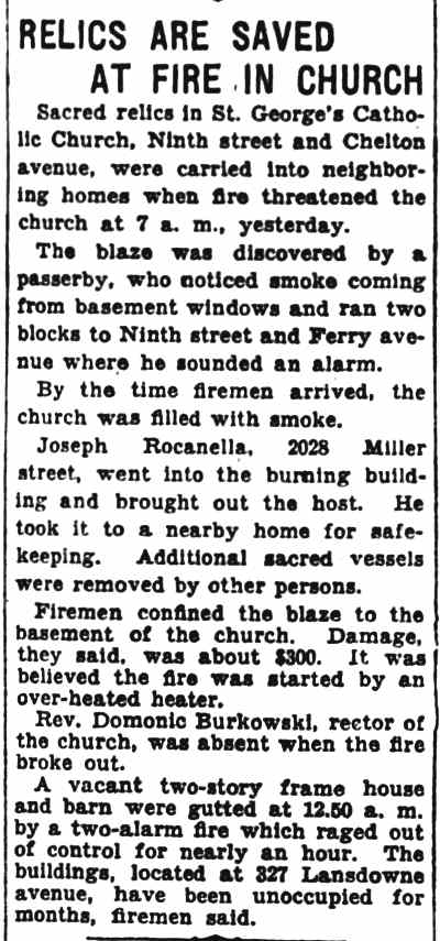 Relics Are Saved at Fire in Church — Camden Courier-Post, February 21, 1933
