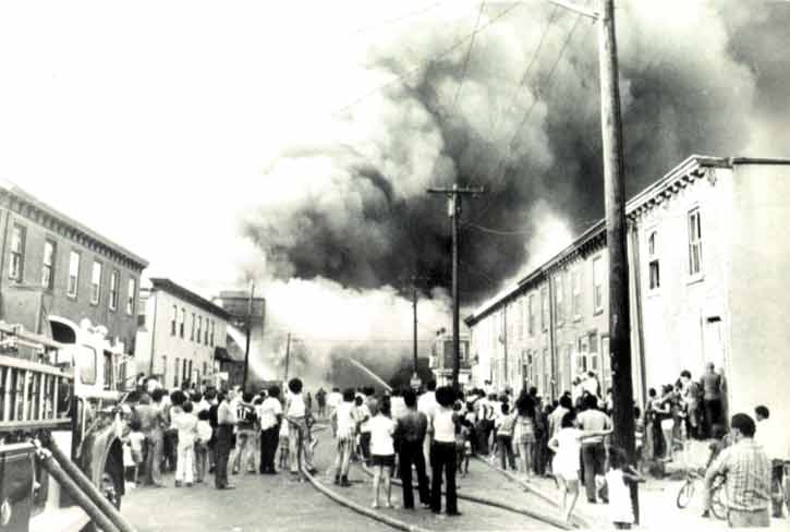 Poet's Row fire, August 1972 — overview of the fire scene