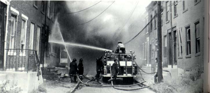 Engine Company 3 fighting the Poet's Row fire on Burns Street