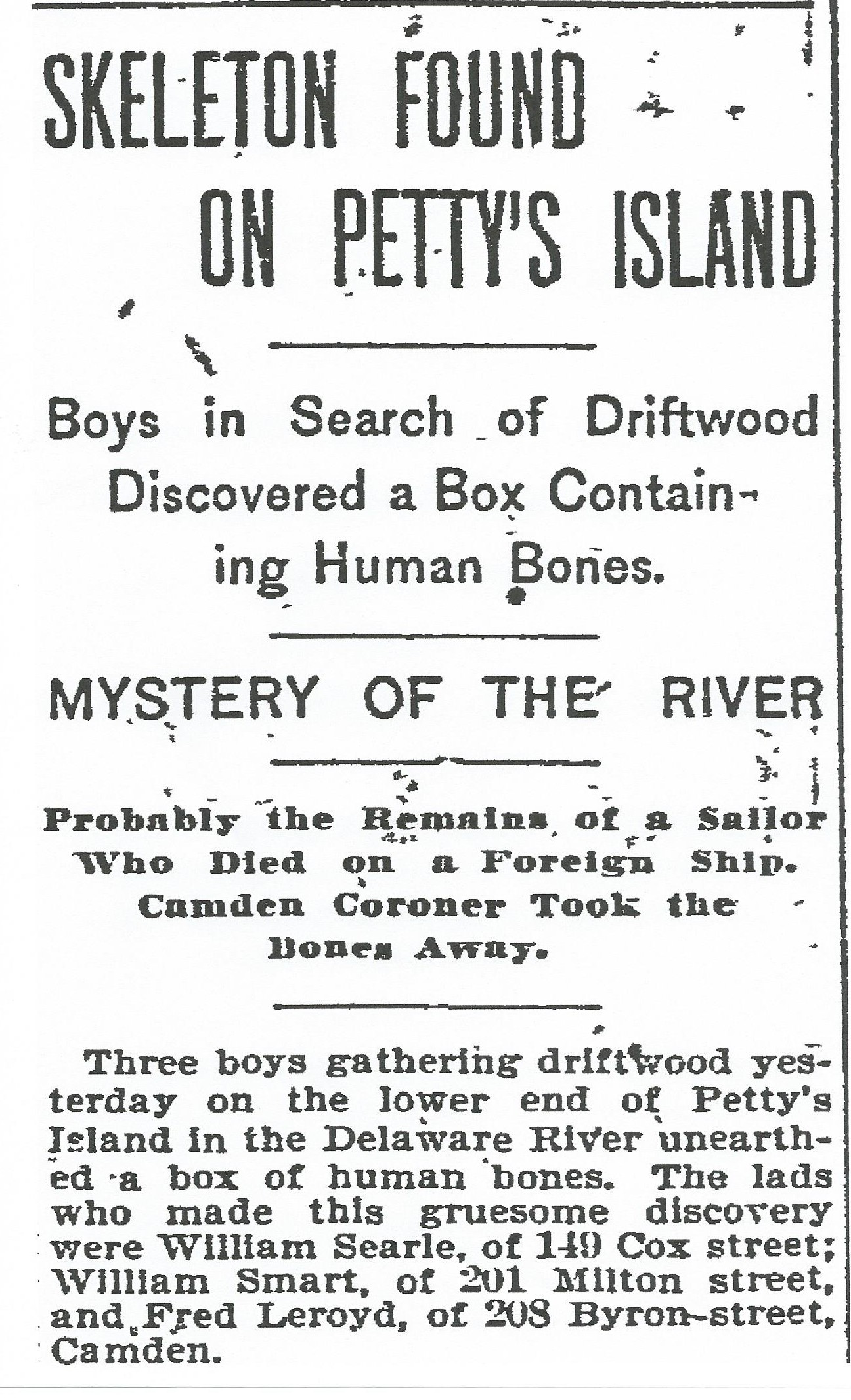 Skeleton Found on Petty's Island — Philadelphia Inquirer, March 21, 1897