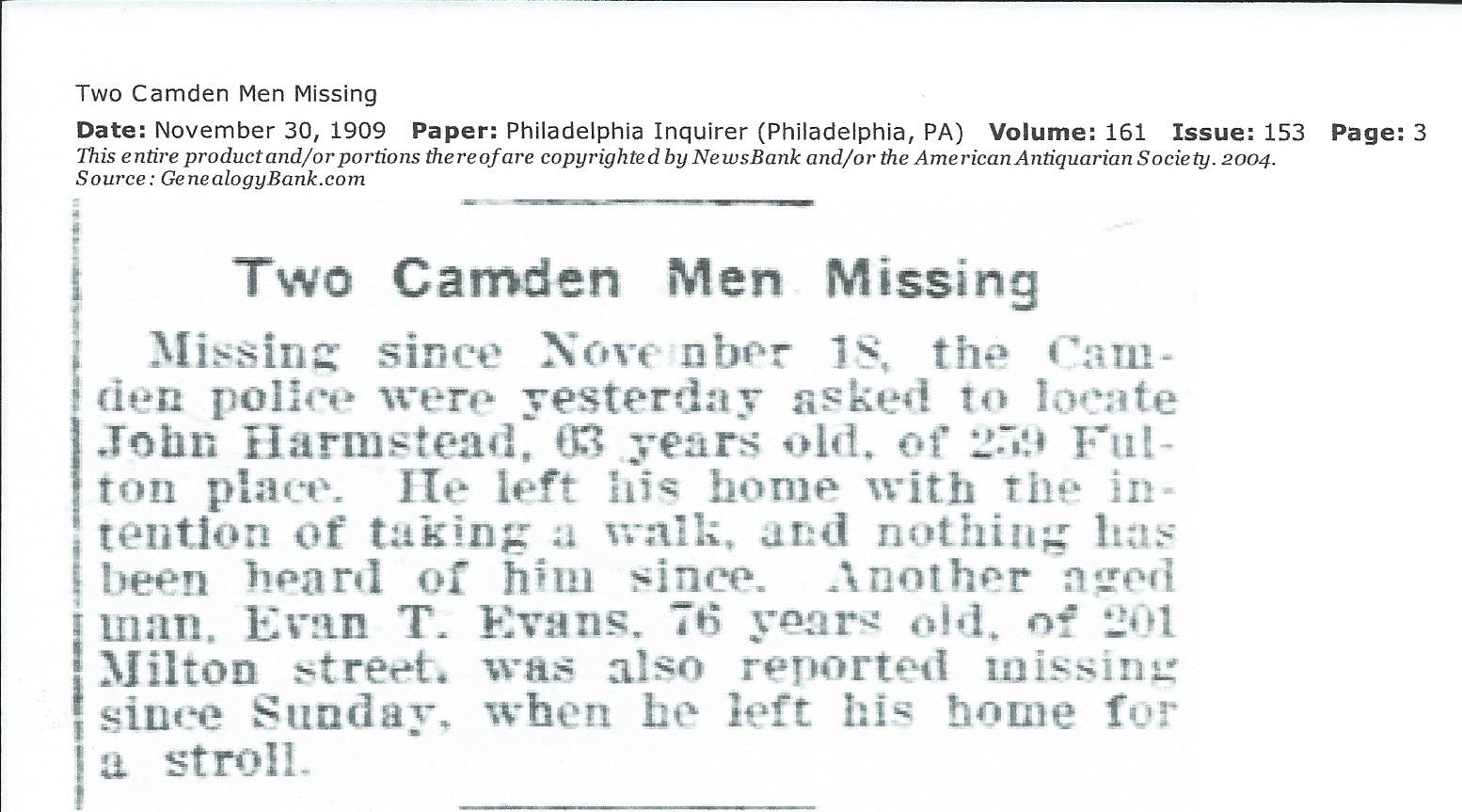 Two Camden Men Missing — Philadelphia Inquirer, November 30, 1909