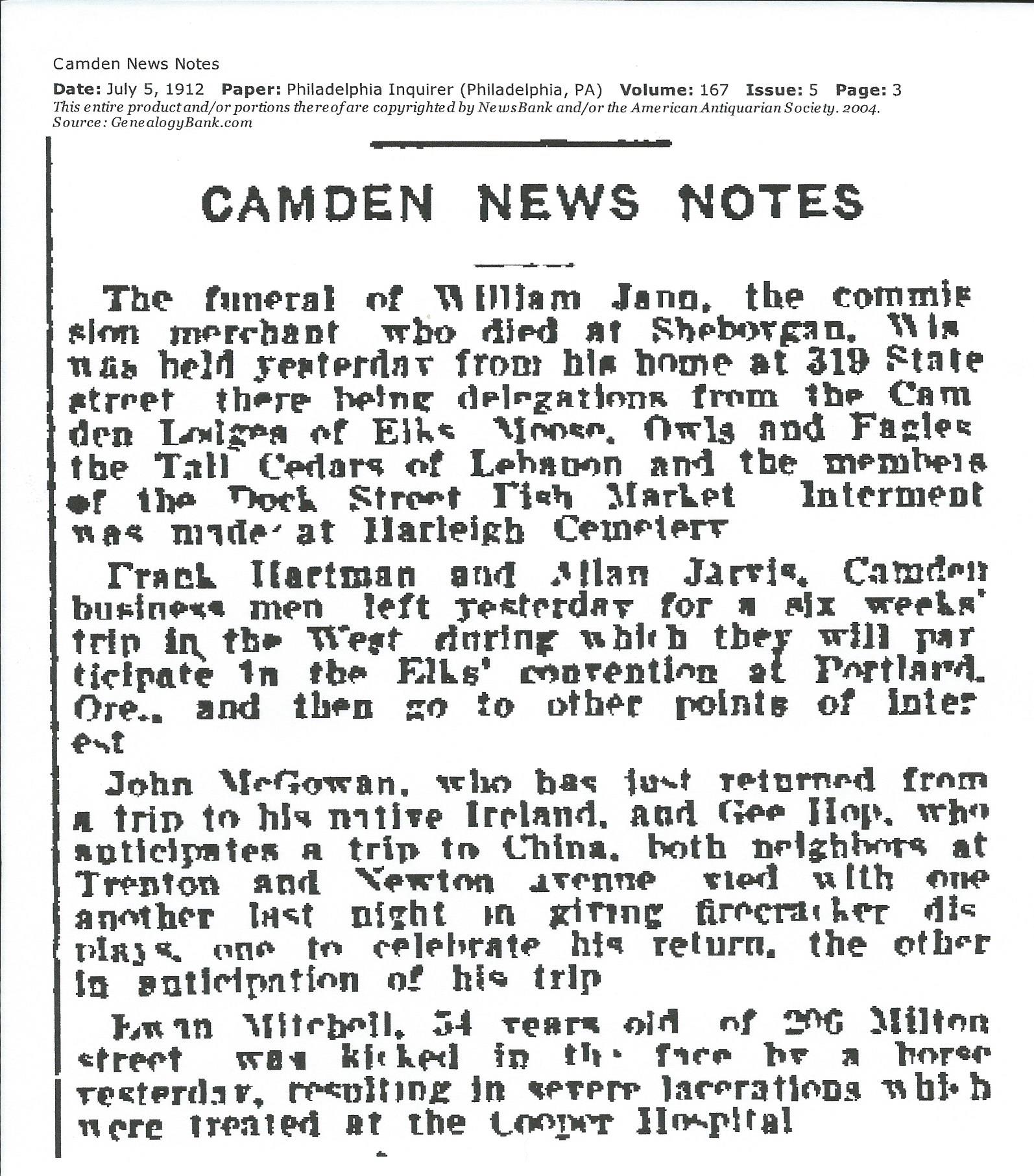 Camden News Notes — Evan Mitchell kicked by horse, Philadelphia Inquirer, July 5, 1912