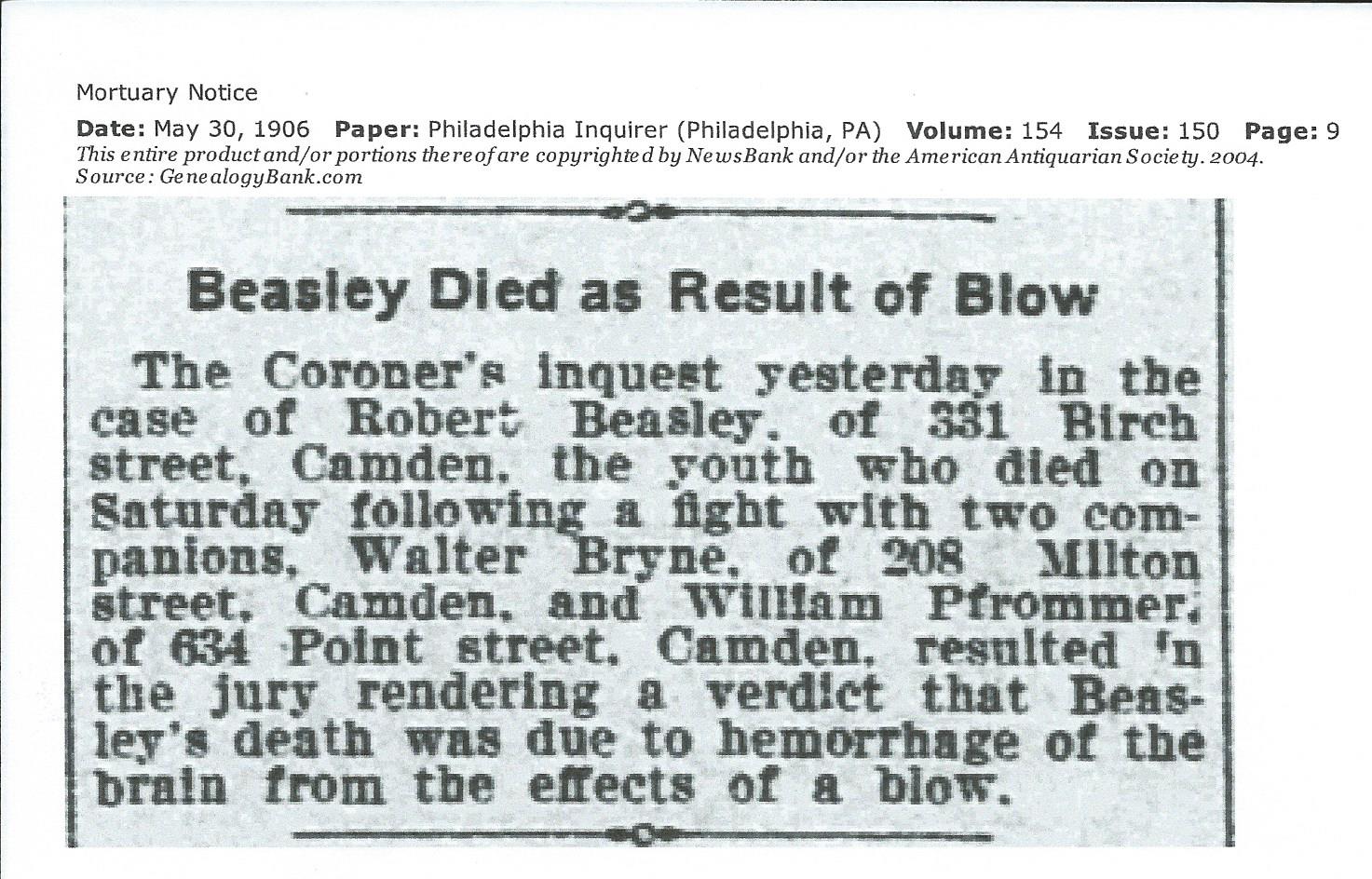 Beasley Died as Result of Blow — Philadelphia Inquirer, May 30, 1906