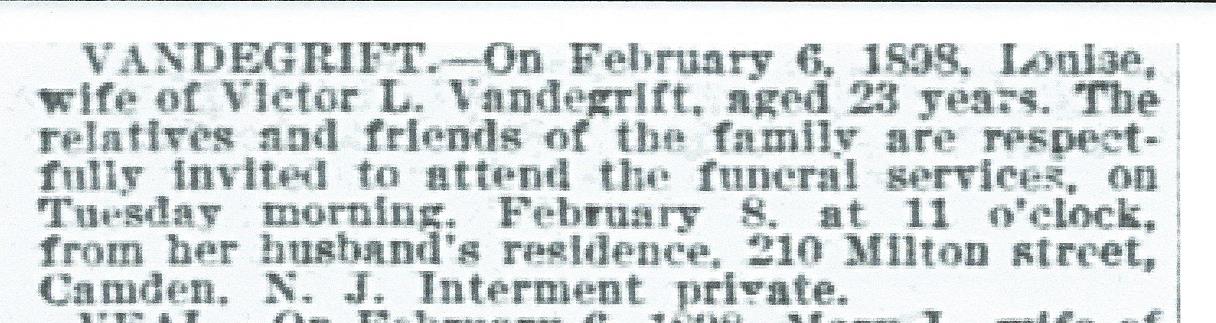 Vandegrift obituary — Philadelphia Inquirer, February 8, 1898